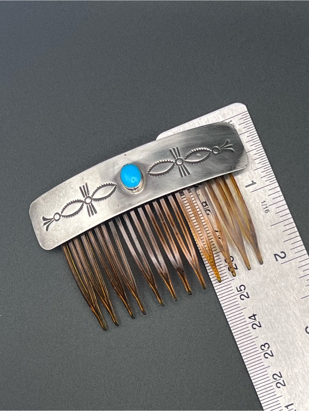 Native American Sterling Silver & Turquoise Hair Comb - Picture 4 of 6